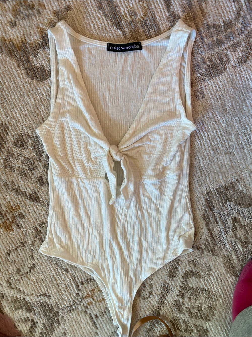 naked wardrobe Cream Tie-Front Ribbed Bodysuit with Deep V